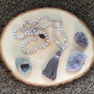 White & Purple Banded Agate Lotus Mala Necklace